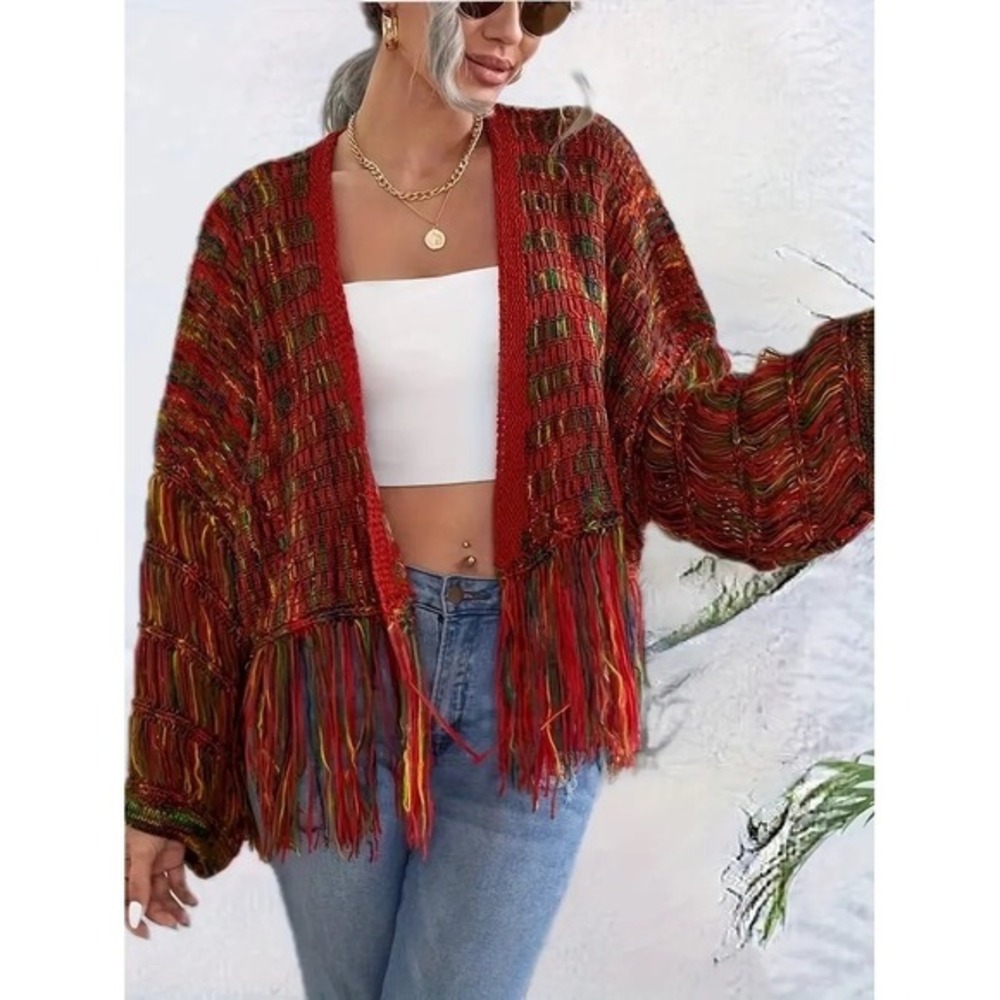 Shein Women Size 6 Red Knit Fringe Open Front Cropped Bohemian Cardigan Festive